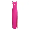 Casual Dresses LoveAing Women's Long Skirt Rose Red High Slit Chain Crystal Mesh Dress Party Wedding Sexy Street Style Socialite