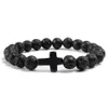 Trendy Jesus-Cross Charm Blue Turquoises Men Bracelet Black Lava Stone 8mm White Beads Bracelets Bangles for Women Jewelry310D