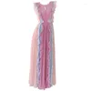 Casual Kleider Runway Designer Elegante Rüschen Chiffon Sommer Kleid Frauen 2023 Böhmischen Patchwork Ärmellose Lange Boho Kleidung