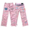 Design Sense Pesante artigianato Jeans ricamati mimetici rosa Uomo Street Hip Hop Pantaloni larghi dritti unisex 2312129