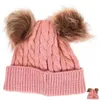 Berets 2pcs Double Pompom Child Kids Beanie Hat Baby Ball Knitted Caps Autumn Warm Crochet Girls Boys Hats (Skin Pink)
