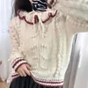 Pulls pour femmes Alpaga Laine Mélangée Tricots Pulls À Lacets Volants Cou Mignon Boule Torsadée Fleur Crochet Vintage Pull Rayé 2023