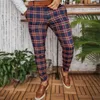 Men's Pants Plaid Print Pencil Zipper Elastic Waist Men Business Slim Striped Trousers Formal Wear Office Social