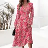 Casual Kleider Herbst Langarm Midi Kleid Frauen V-ausschnitt Floral Gedruckt Elegante Urlaub Party Herbst Damen Roben Vestidos