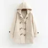 Double Row Horn Buckle Coat Hooded Women Autumn Clothing Winter Casual Solid Thicken Button Jacket College Style Dropship 231228