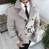 Autumn Winter Men's Double Breasted Woolen Overcoat High Quality Male Laple Belt Solid Thick Trench Coat Trend Causal Outerwear 231228