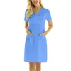 Casual Jurken Dames Korte Mouw V-hals Effen Werkuniform Scrubs Midi Jurk Zak Tandheelkundig Pak Werkgewaad