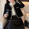 Black Vintage Design Tweed Cropped Jacket Women Spring Korean Fashion Long Sleeve Woolen Coat Elegant Luxury Chaquetas Y2k 231228