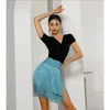 Stage Wear Femmes adultes Danse latine Turquois Gland Hip Écharpe Jupe Dames Frangée Bleu Triangulaire Dancewear Performance Vêtements