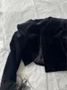 Women's Jackets 2023 Autumn Black Velvet Short Coat With Spliced Feather