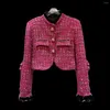 Chaquetas de mujer PREPOMP 2024 Llegada de primavera Cuello de soporte Botones de metal Colorido Tweed Arco Manga Rosa Rosa Chaqueta corta Mujer GP048