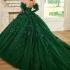 Emerald Green Quinceanera Dresses Flower Tulle Beading Off The Shoulder Party Dress Appliques Lace Up Court Train Prom Ball Gown