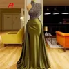 Olive Green Mermaid Evening Dresses Glitter Sequined One Shoulder Overkskirts Women Formal Party Wear Sweep Train Arabic Aso Ebi Prom Gowns Robe de Soiree CL0054