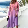 Casual Dresses Autumn Long Sleeve Midi Dress Women V Neck Floral Printed Elegant Holiday Party Fall Ladies Robes Vestidos