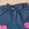 Alla hjärtans dag Little Girls Clothes Set Toddler Kids Letter Printed Tank Top Love Heart Pattern Bows Denim Shorts 2pcs 2024 Summer Children Outfits Z6387