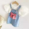 Mädchen Kleider Sommer Anzug Bowknot Denim Strap Kleid Baby Mode Puff Sleeve Shirt Süße Set Kinder Kleinkind Kleidung Drop Lieferung Dhmkb