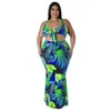 Grande taille impression plage femmes deux pièces ensemble Sexy motif coloré licou sans manches culture hauts sirène fête jupe 231228