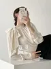 女性のブラウス女性は韓国スタイルのエレガントなシャツ長袖のソリッドサテンオフィスブラウスの衣服弓トップファッションブルサ