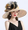 Elegant Women Feather Flower Striped Kentucky Derby Hat 16cm Wide Brim Church Dress Sun Hat Lady Summer Beach Party Wedding Hat Y29072206