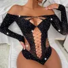 Calcinha sexy feminina diamante quente brilhante sexy roupa interior de malha de manga comprida bodystocking