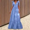 Casual Dresses Summer Sexy Deep V-Neck Solid Color Dress Prom Sleeveless Ruffle Patchwork Bow Tie Bohemian Long Wedding