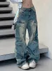 Jeans femininos mulher estilo americano japonês moda denim estética calças coquette 90s velho dinheiro túnica vários bolsos soltos