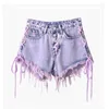 Frauen Shorts 2023 Sommer Lila Quaste Spitze Up Denim Hohe Taille Spicy Girl Dünne A-linie Breite Bein Hosen