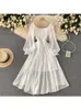 Vestidos casuais verão para mulheres francês elegante feriado longo puff manga slash pescoço fora do ombro smocked branco chiffon