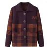 Kvinnors stickor #2988 Mohair Plaid Cardigan Coat Women Middle Aged Vintage Sticked tröja Turn-down Collar Single Breasted Knitwear