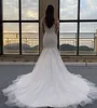 2024 Sexy Wedding Dresses Bridal Gowns Lace Appliques Crystal Beads Illusion Mermaid Long Sleeves Custom Country Plus Size Sweep Train Overskirts
