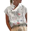 女性のブラウス女性Tシャツ半袖薄い花柄のヴィンテージブラウスモックネック斜めのボタントップシャツトップストリートウェアブルーサ