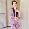 Kvinnors tvåstycksbyxor 2023 Women Office Satin Suit Two-Piece Pant Suits Elegant Blazer Female Set Casual Slim Jacket Work Clothes