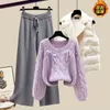 Winter Thickened Three Piece Women's Vest Coat Loose Sweater Wide Leg Pants Age Reducing and Slimming Set 231228