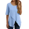 Blouses Femmes Top d'été Vintage Tshirt Femmes O-Cou Demi Manches Pull Tops Irrégulière Ourlet Fendu T-shirt Streetwear Blusa Feminina