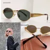 2024Arc de Triomphe Oval Frame Solglasögon CL40235 Womens Gold Wire Mirror Frame Green Lens Metal Mirror Leg Triplet Signature On Temple