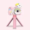 Macchina fotografica per bambini Giocattoli per ragazzi e ragazze di 3-12 anni Unicorno cartone animato Fotocamera per bambini con obiettivo ribaltabile per selfie Videocamera digitale HD