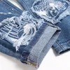 Calça jeans masculina bordada com letras, estiramento azul, primavera, slim fit, patchwork, algodão casual, calças jeans