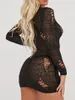 Casual Dresses Women Sexy Crochet Long Sleeve Mini Dress Slim Crew Neck Hollow Out See Through Poster Girl Short Club Party