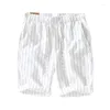 Shorts Masculinos Verão Listrado Branco Lace-up Cintura Elástica Rami Calças Algodão Solto Reto Cinco Quartos