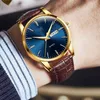 Top Men Classic Gold Blue Face Quartz Waterproof Watch Brown Leather Strap Business Popular Casual For Mens Watch263e
