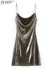 Zevity verão feminino brilhante cor metálica estilingue mini vestido feminino chique plissado design casual magro vestidos de festa ds5000 231229