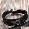 Corrente Punk Aço Inoxidável Coruja Charme Pulseira Mens Titânio Ímã Fivela Couro Trançado Drop Delivery Jóias Pulseiras Dhljp