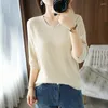 Kvinnors T-skjortor T-shirt Summer Pure Cotton Sticked Split Sleeve Casual Solid Tees Loose V-Neck Tops Basic Ladies Blus