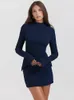 Mozision Dark Blue Two Pocket Sexy Mini Dress for Women Autumn Winter Long -Sleeve Bodycon Club Party Dress Elegant 231229