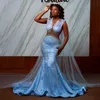 Robe de bal luxueuse grande taille Aso Ebi pour occasions spéciales, illusion de sirène bleue en tulle, col en V, robe de soirée élégante avec robe de soirée d'anniversaire portefeuille ST724