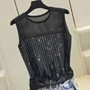 Women's Tanks Woherb Summer Ice Silk Thin Knitted Vest Women Casual Tank Top 2023 Modis Sequined Beading Hollow Out Mesh Shirt Pink