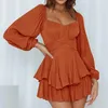 Vestidos casuais moda senhoras boho macacão manga longa dupla camada plissado hem chiffon curto fada princesa mini vestido macacão playsuits