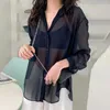 Blouses Femmes Zoki Élégante Chemise En Mousseline De Soie Femmes Sexy Perspective Sun Preuve Simple Top Été Glace Soie À Manches Longues Coréen Lâche Femelle