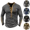 Men's T Shirts Spring Autumn T-Shirt Solid Color Patchwork Neckline V-Neck Button Casual Pullovers Daily Long Sleeve Tees