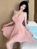 Sıradan Elbiseler Mesh Dantel Mini Elbise Pembe Seksi Koreli Kadın Üstler Straps için İç Çamaşırı Zarif 2023 Tatlı SS0O